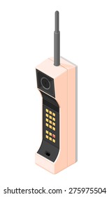 A vector illustration of an old 80s mobile phone.
Vintage 80s mobile phone icon illustration.
Retro vintage mobile communications.