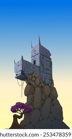 Vector illustration of old abandoned castle on a hill