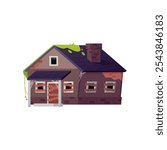 Vector illustration of an old abandoned house on an isolated background. Dilapidated, peeling building with boarded up windows and a door, cobwebs and overgrown with grass. Flat style.