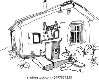 vector illustration of an old abandoned house. Can be used for a coloring book, postcard, website.