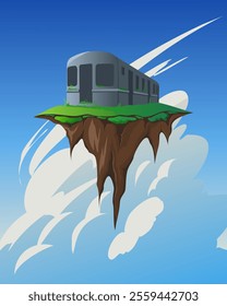 Vector illustration of an old abandoned train on a floating island