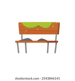 Vector illustration of old abandoned wooden bench isolated on background. Relaxation seat for city park. Dirty furniture overgrown with grass. Flat cartoon style. Icon for design.