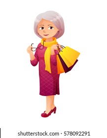 vector illustration of an old active lady with glasses, who is dressed in a elegant dress. She is shopping and carrying a bunch of shopping bags.