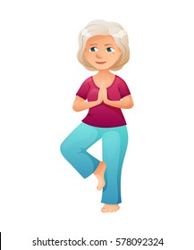 vector illustration of an old active lady, who is dressed in a sport wear. She is doing yoga.