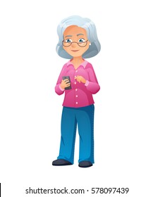 vector illustration of an old active lady with glasses, who is dressed in jeans and shirt. She is standing and surfing the internet on a smartphone.