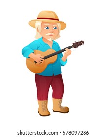 vector illustration of an old active man with long hair, mustache and beard, who is dressed in a shirt and hat. He is standing and playing the guitar.