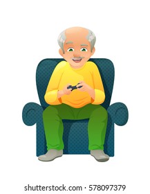 vector illustration of old active man with mustache, who is sitting on chair and gaming console.