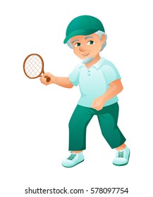 vector illustration of an old active man with beard, who is dressed in a sport dress and sneakers. He is play tennis.