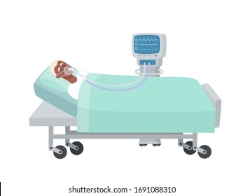 Vector illustration of old african man lying in hospital bed with an oxygen mask and ventilator isolated on white. Man in reanimation during coronavirus infection used for magazine, web-pages.