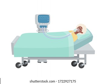 Vector illustration of old african woman lying in hospital bed with an oxygen mask and ventilator isolated on white. Reanimation during coronavirus infection used for magazine, web-pages.