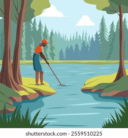 Vector illustration of old African woman cleaning water in a forest pond. Volunteering and an active lifestyle in retirement. Ecological concept of caring for nature and keeping rivers clean