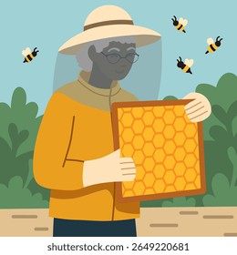 Vector illustration of an old African woman beekeeper with a frame with honeycombs and bees. Hobbies in retirement. Professional Black female apiarist in uniform.