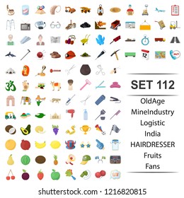 Vector illustration of old, age, mine, industry, logistic, ndia hairdresser fruit fan icon set.