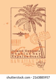 Vector illustration of old airplane silhouette over stylized tropical landscape.