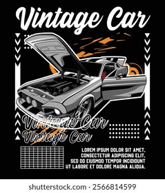 vector illustration of old american car with hood and door open poster style 