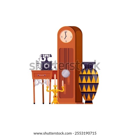 Vector illustration of old antique items on isolated background. Vintage table, clock, vase, telephone, candlestick. Retro pawn shop goods. Flat cartoon style.