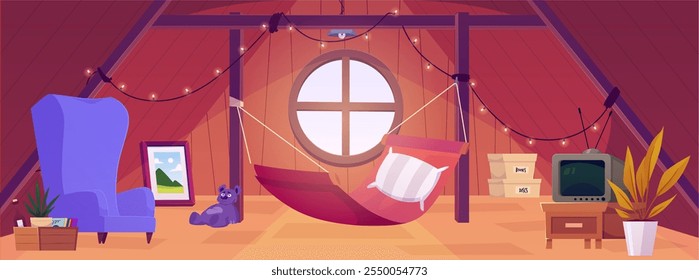 Vector illustration of an old attic with a round window and furniture. Cozy place with antique things like an armchair, hammock, TV, cardboard boxes and garland. Cartoon style. Interior background.