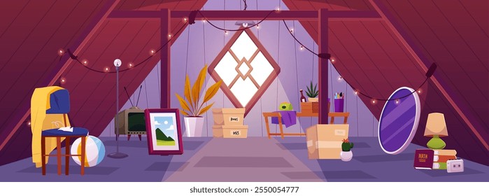 Vector illustration of an old attic with worn out, antique furniture and objects. Place with cardboard boxes, broken chair, mirror, TV and others. Flat cartoon style. Background for design.