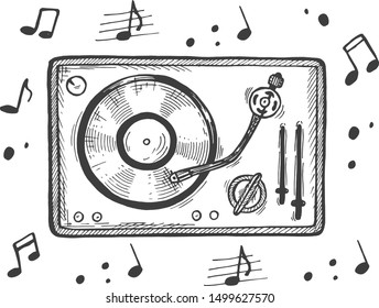 Vector Illustration Of Old Audio Disc, DJ Player, Music Logo. Vinyl Record On Turntable Top View Doodle Icon. Musical Notes. Vintage Hand Drawn Style.