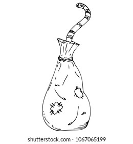 Vector illustration of an old bag. Old bag with cat tail. Concept of a cat in a poke.
