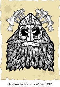 Vector illustration with old battle gnome bared teeth.Vector sketch for tattoo