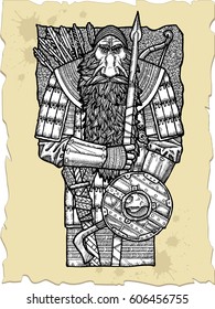 Vector illustration old bearded warrior gnome with a spear and a shield in his hands.Vector sketch for tattoo