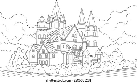 Ilustración vectorial, antiguo y hermoso castillo rodeado de árboles, libro de colores