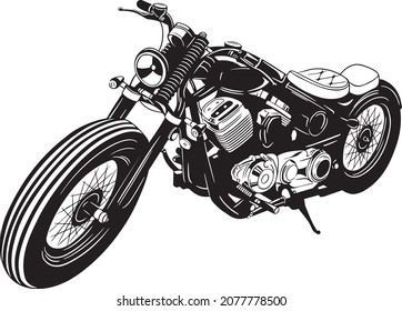 Vector illustration of an old big vintage style motorbike, side view black silhouette, monochrome design, isolated on white background.