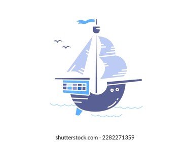 Vector illustration of old blue ship with sail on white color background. Flat line art style design of ship with wave and gull for web, banner, poster, print