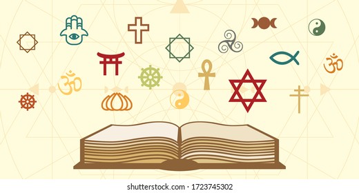 vector illustration of old book and different religious symbols for spiritual knowledge concept