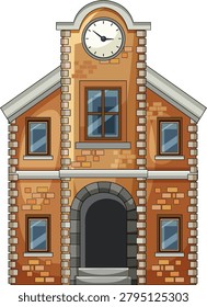 Vector illustration of old brick clock tower entrance with arched doorway and windows