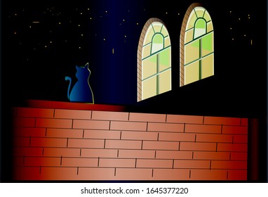 Vector illustration of an old brick wall, glowing Windows and a cat against a dark sky with stars.Background, decoration, Wallpaper.