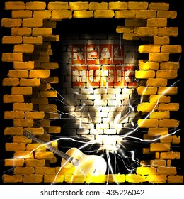 Vector illustration of an old brick wall with a breakthrough acoustic guitar and the words real music sparks in Moline. Can be used with any image or text on a black background.