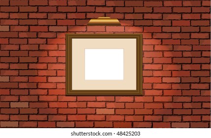 Ilustración vectorial de una antigua pared de ladrillo con un marco de imagen de madera en blanco