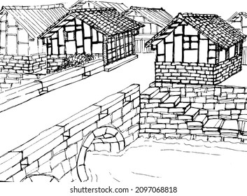 Vector illustration of old bridge and old wooden houses.