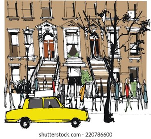 Vector illustration of old brownstone building New York with pedestrians and taxi