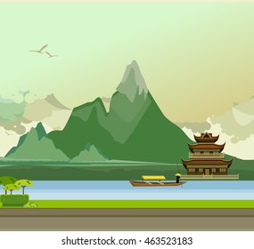 vector illustration of an old Buddhist temple on the banks of the river in the highlands of the boat floats down the river