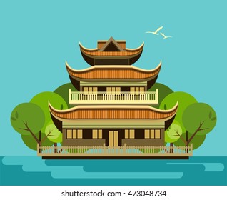 vector illustration of an old Buddhist temple with a garden
