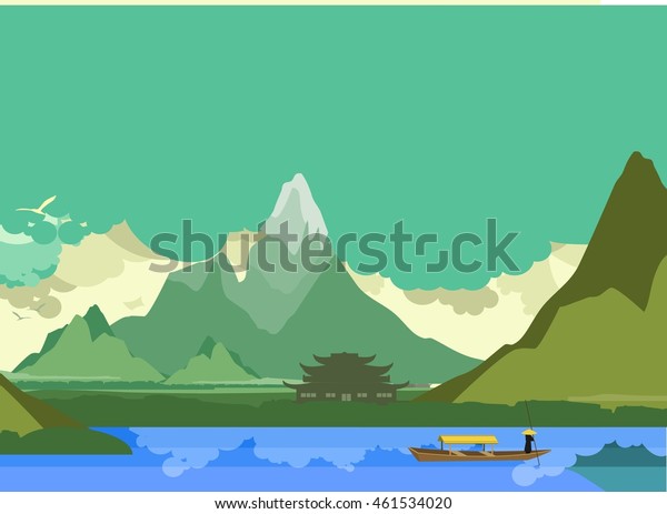 Mural vector illustration of an old Buddhist temple on the banks of the river in the highlands of the boat floats down the river.