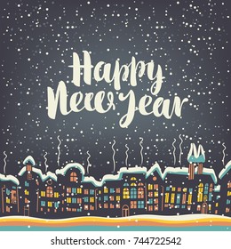 Vector illustration with old buildings with brightly colored Windows in the European city in the winter. Christmas card with a handwriting inscription Happy New Year 2018.