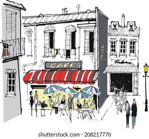 Vector illustration of old buildings, cafe, restaurant diners, and pedestrians, France.