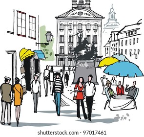 Vector illustration of old buildings and cafe in Stockholm, Sweden