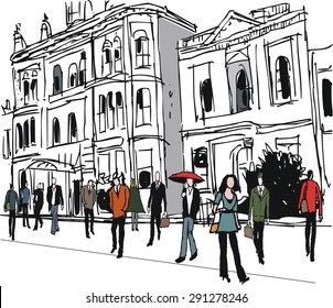 Vector illustration of old buildings and pedestrians.