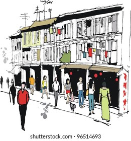 Vector illustration of old buildings and pedestrians in Chinatown, Singapore