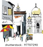Vector illustration of old buildings and people in Singapore