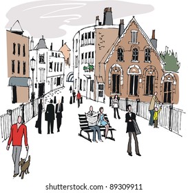 Vector illustration of old buildings and street scene, Windsor England.