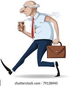 A vector illustration of an old businessman walking with a briefcase and a hot take-away coffee cup.