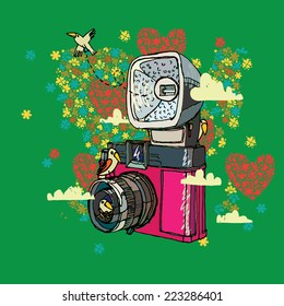 Vector illustration of an old camera with flash and birds on the background of clouds and flowers.