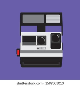 Vector illustration of old camera isolated on  blue background. Retro equipment. Vintage photo camera in flat style. Design icon of old fashioned camera. Retro device. 