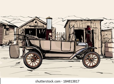 Vector illustration -  old car at a gas station in the desert